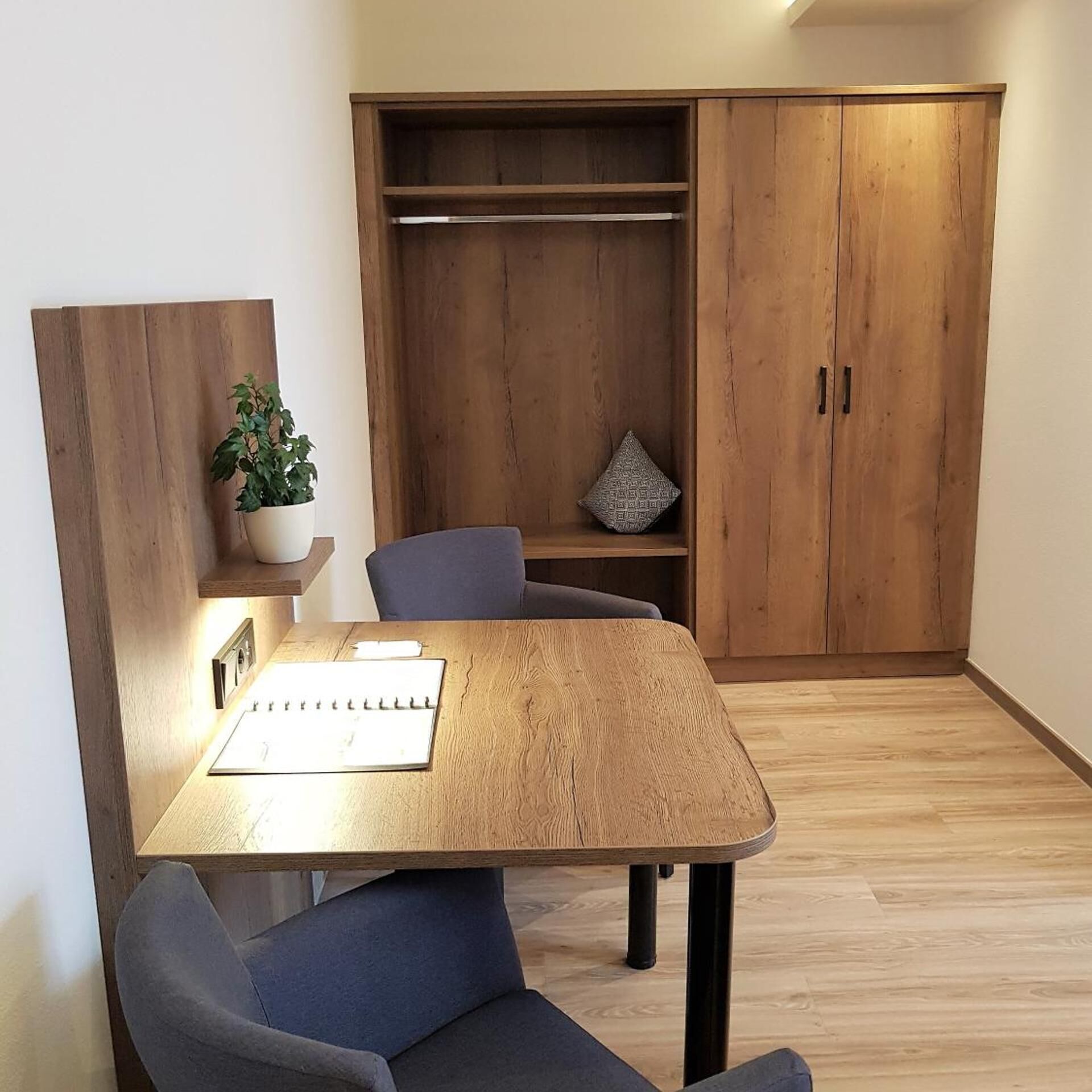 Une pièce comprenant une table en bois, deux chaises, une plante en pot, une étagère suspendue et une armoire.
