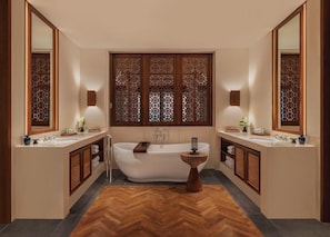 A modern bathroom with a freestanding bathtub, two sinks, and decorative wooden screens. - The Sira, a Luxury Collection Resort & Spa, Lombok (Tanjung)