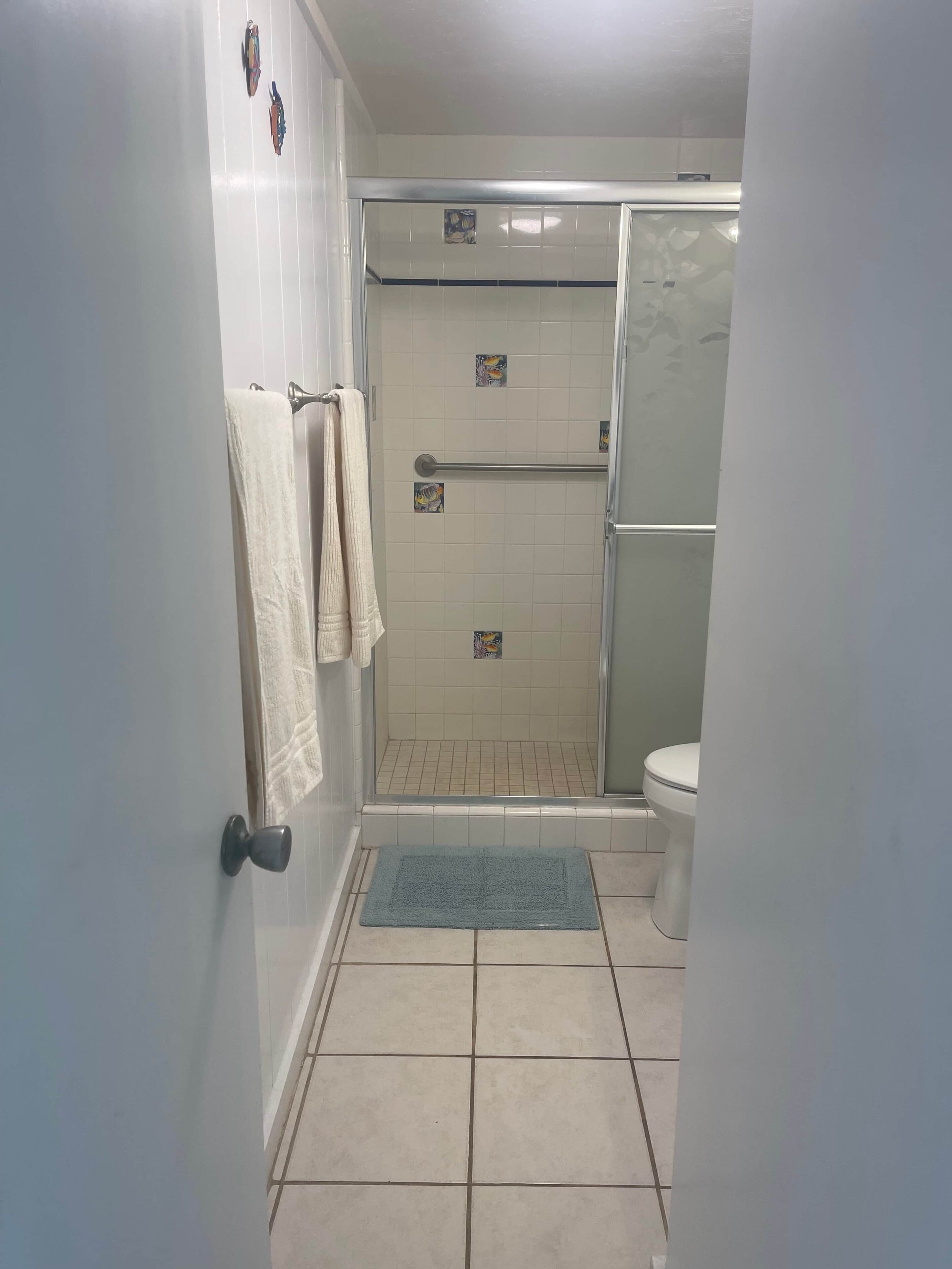 Une salle de bain avec une douche, des toilettes et un tapis bleu.