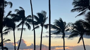 A sunset view with palm trees and the ocean. - Kihei Beach Stay at Hale Kai O' Kihei - Oceanfront in Maui (Kihei)