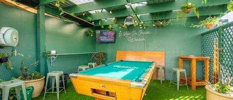 A pool table in a room with green walls, hanging plants, and a television mounted on the wall.