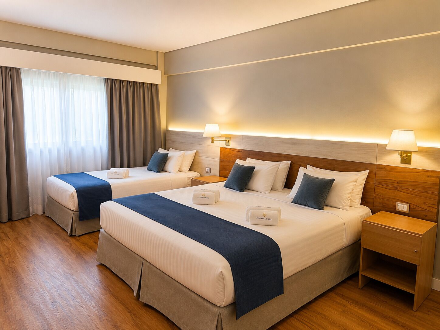 A hotel room with two beds, a wooden headboard, bedside lamps, a nightstand, and a window with curtains.
