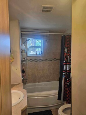 Hair dryer, towels, soap, toilet paper