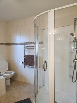 A bathroom with a glass-enclosed shower, a toilet, and a towel rack. - Hosts on the Coast Katz Korner (Wharekaho)