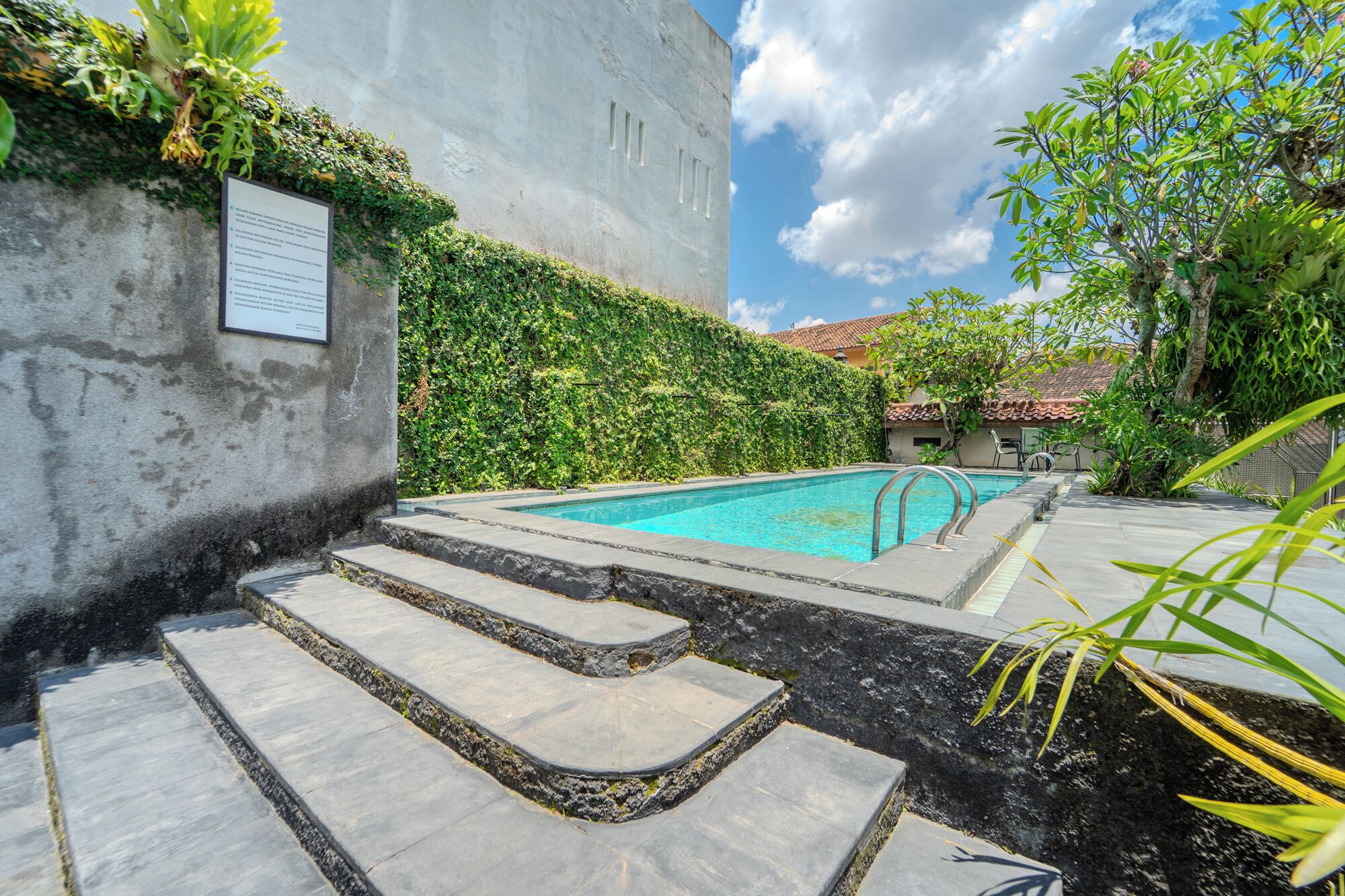 A swimming pool with steps leading to it, surrounded by greenery and a building with a wall covered in plants.