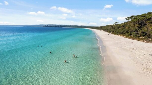 Una playa con agua turquesa cristalina, una orilla arenosa y una fila de árboles.