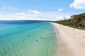 Ein Strand mit klarem türkisblauem Wasser, einem sandigen Ufer und einer Baumreihe.