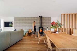 Ein modernes Wohnzimmer mit Kamin, Esstisch und einer Couch.