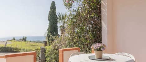 Un balcon avec une table et des chaises, donnant sur un paysage pittoresque, avec des arbres et une vue sur la mer.
