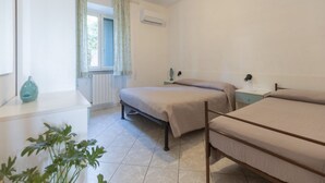 Une chambre avec deux lits, une fenêtre avec des rideaux, un radiateur et une petite plante.