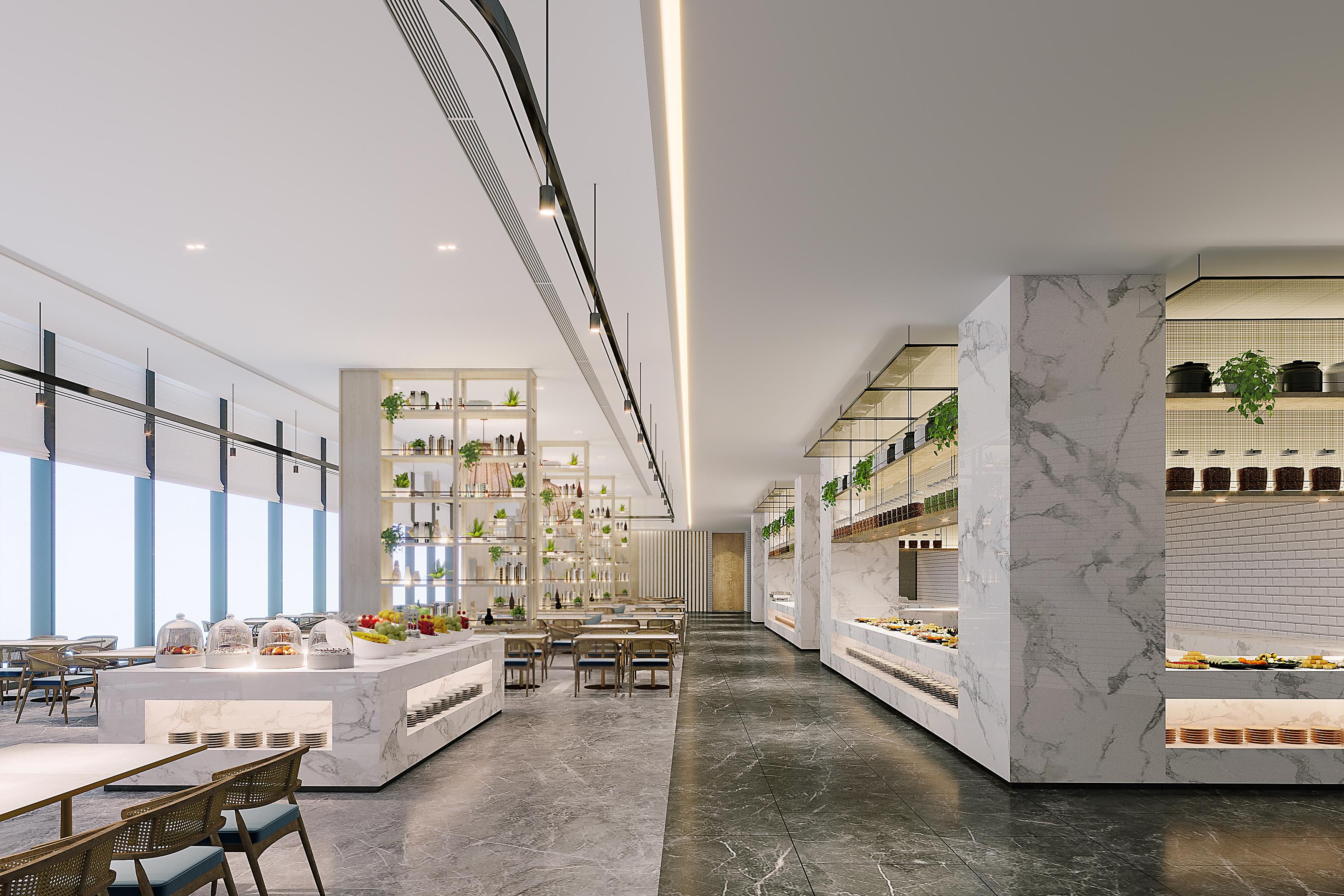 A modern hotel lobby with a marble reception desk, seating area, and a view of the sky through large windows.