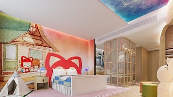 A child's bedroom with a bed, a play tent, a large wall mural, and a glass partition.