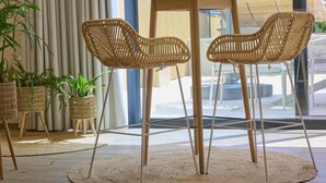 A room with a round table, two wicker chairs, and potted plants.