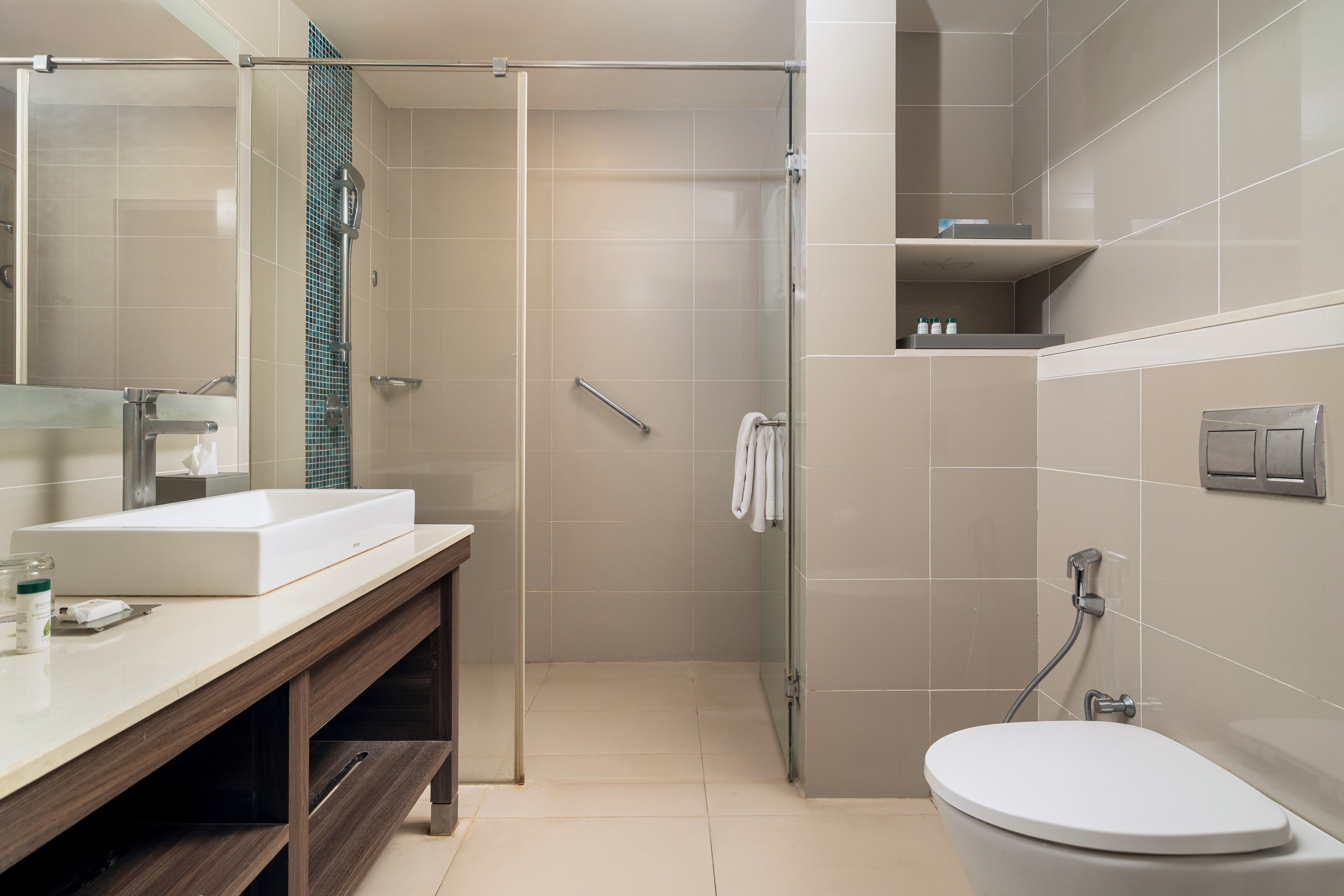 A modern bathroom with a glass shower enclosure, a white sink, and a toilet.