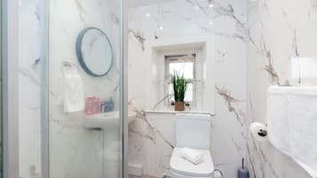 Hair dryer, towels, soap, toilet paper