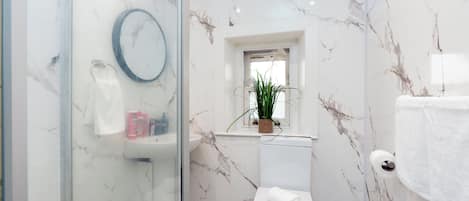Hair dryer, towels, soap, toilet paper
