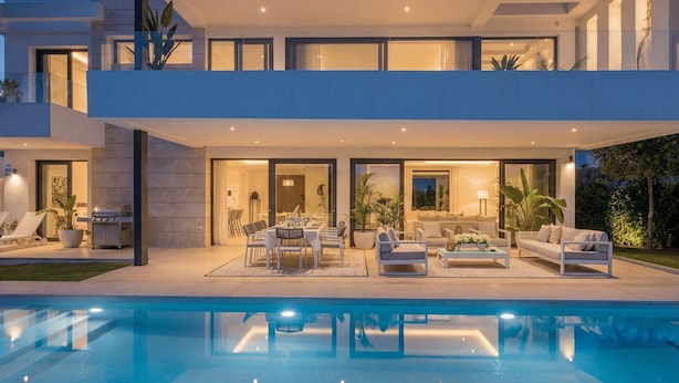 Ein modernes, zweistöckiges Haus mit Pool, Essbereich im Freien und einem gut beleuchteten Wohnzimmer.