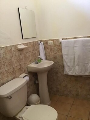 Habitación triple estándar, vistas al jardín | Baño | Ducha, artículos de higiene personal gratuitos, toallas y jabón