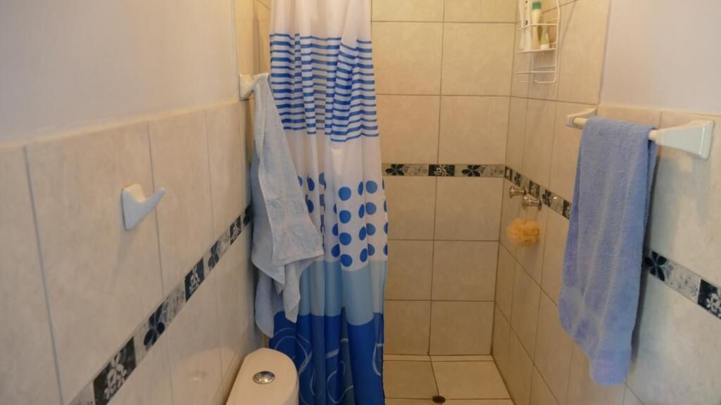 Une salle de bain avec un rideau de douche, des toilettes et un porte-serviettes.