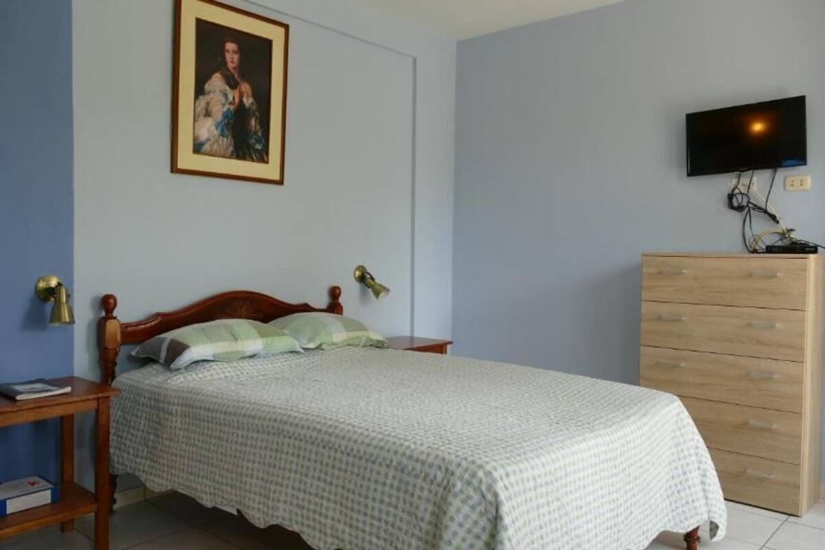 A bedroom with a bed, a dresser, a television on the wall, and a framed picture above the bed.