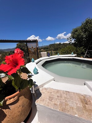 A hot tub with a clear view of the surrounding landscape, a pergola, and a potted red flower.