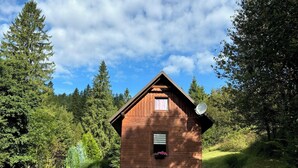 A wooden cabin with a pitched roof, a small window with shutters, and a satellite dish on the roof.