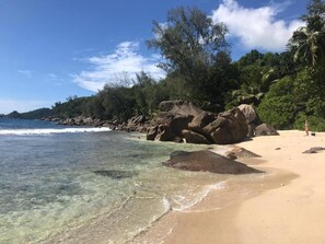 Uma praia com águas cristalinas, grandes rochas e vegetação densa.