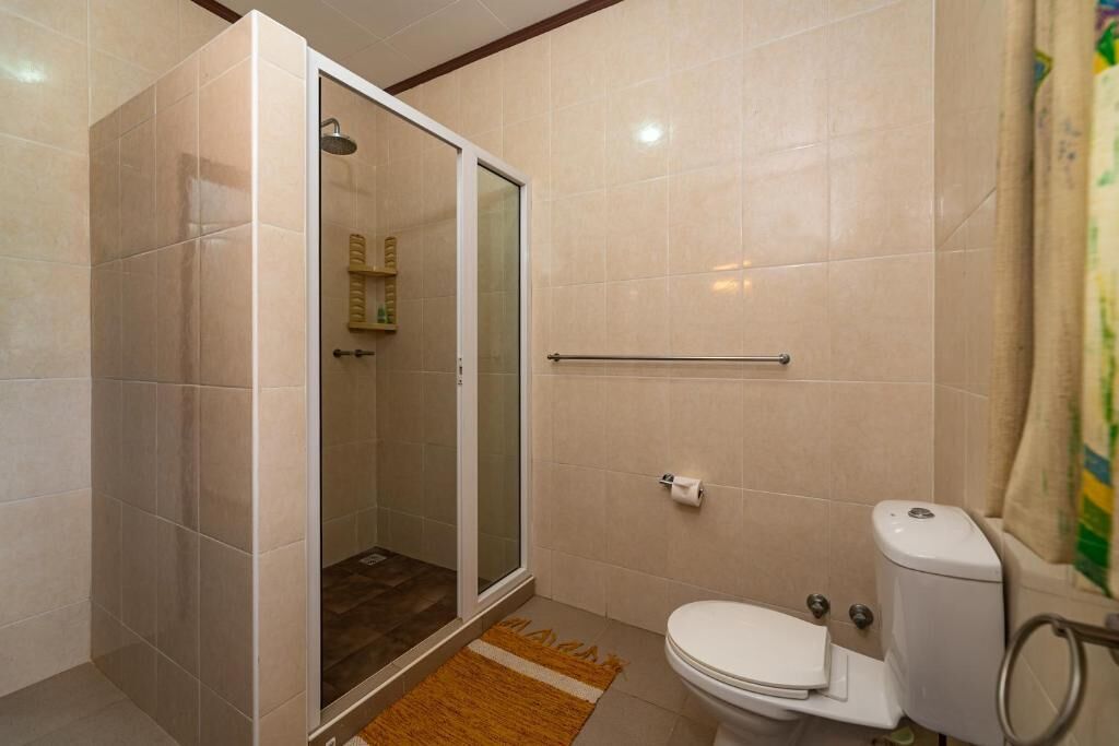 Un baño con ducha, inodoro y un perchero para toallas.