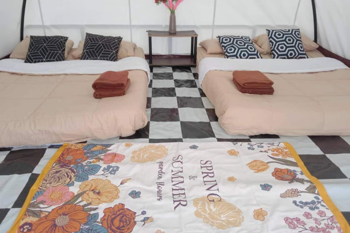 Habitación doble con dos camas, cada una con colcha de cuadros y almohadas estampadas.