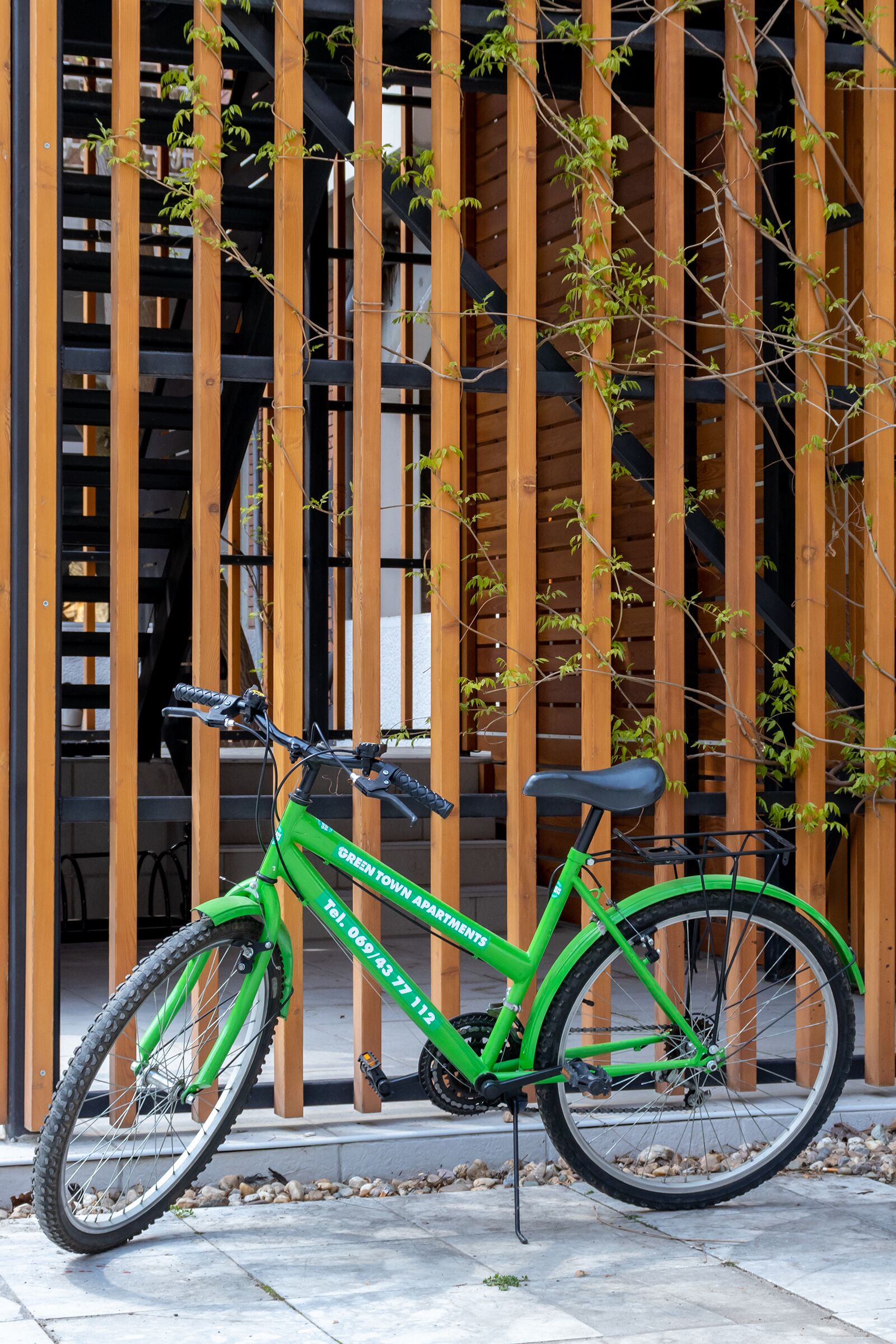A green bicycle parked in front of a wooden fence with a building in the background.