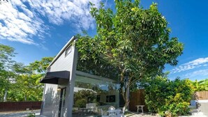 A modern building with a glass facade, outdoor seating, and a tree in the yard. - sun on the cloud (Shoufeng)