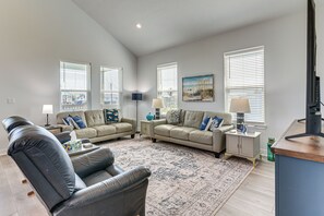 TV, fireplace - West End Galveston Beach House: Pool & Pier Access (Galveston)
