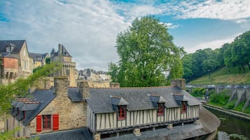 Un bâtiment situé au bord de la rivière, avec des murs en pierre, une tour et un arbre.
