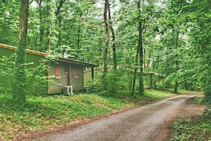 Metsän siimeksessä sijaitseva eristäytynyt mökki, jolle johtaa sorapolkua.