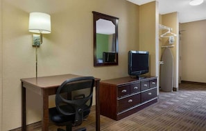 A hotel room with a desk, chair, television, dresser, mirror, and a hanging clothes rack.