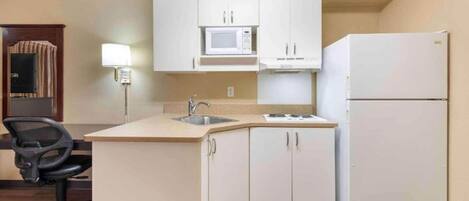 Fridge, microwave, stovetop, toaster