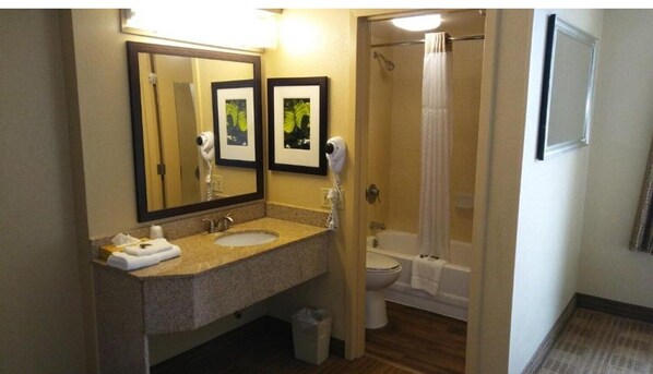 Une salle de bain comprenant un lavabo, un miroir, deux tableaux encadrés, une douche et des toilettes.