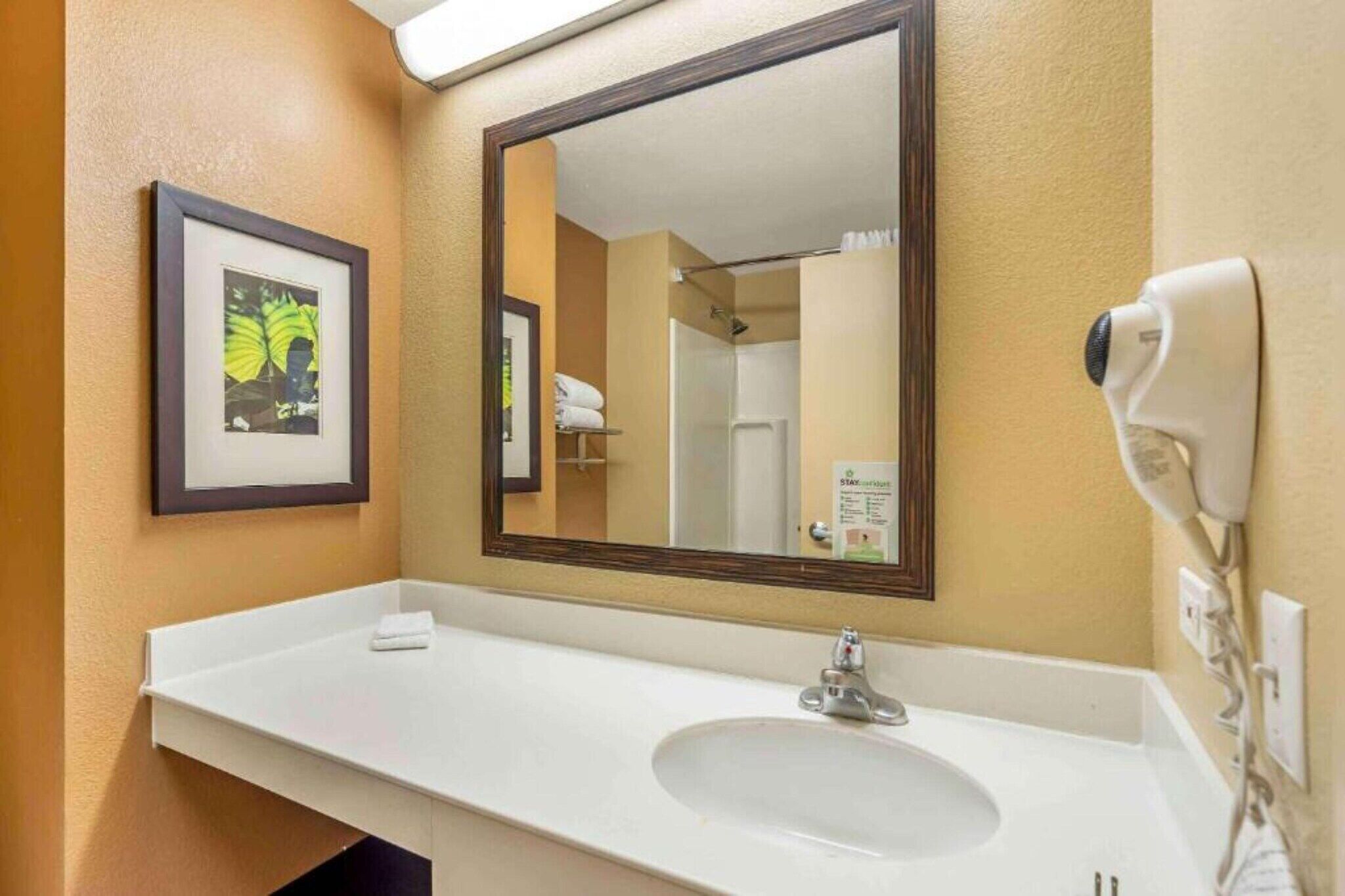 Une salle de bain avec un lavabo blanc, un grand miroir, un tableau encadré accroché au mur et un sèche-cheveux fixé au mur.