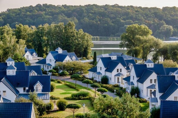 A residential area with houses, a lake, and a forested hill in the background.