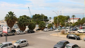 Une rue animée en milieu urbain, bordée de voitures garées, de palmiers et de grues de chantier.