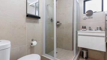 Shower, hair dryer, shampoo