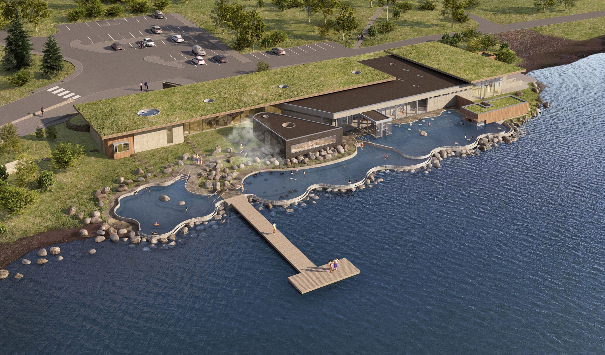 A modern building with a rooftop garden, a swimming pool, and a dock extending into the water.