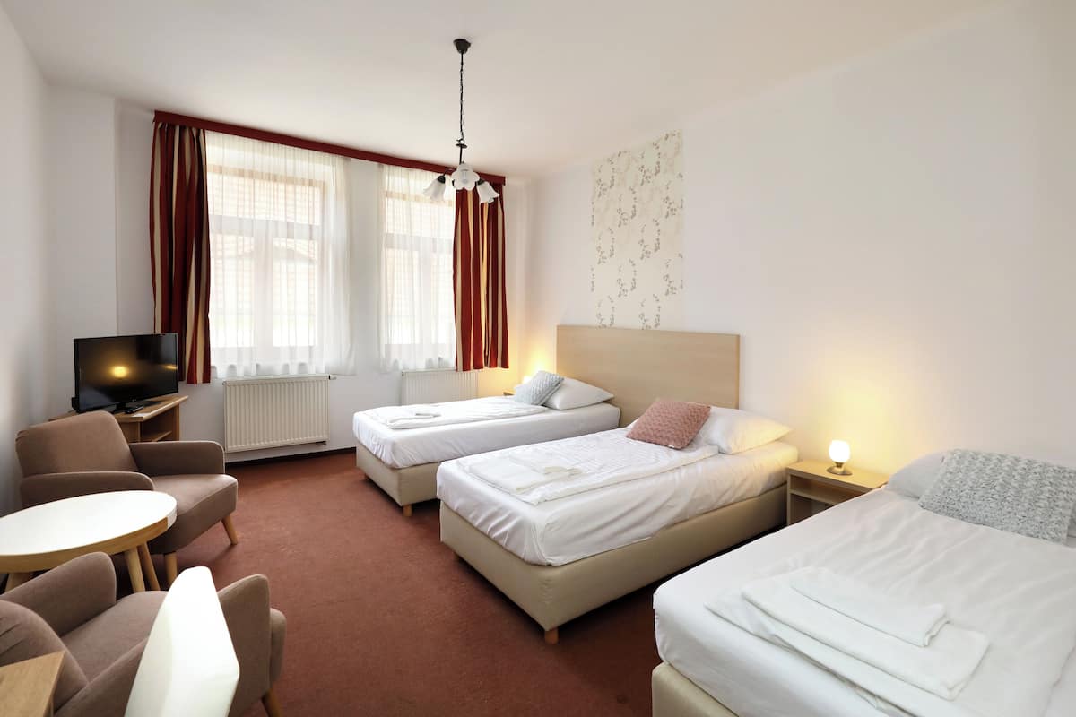 A hotel room with two single beds, a sofa, a TV, and a small table.