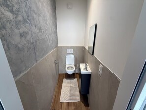 A bathroom with a toilet, a sink, a mirror, and a wooden floor. - Apartment GOllners (Gemeinde Imst)