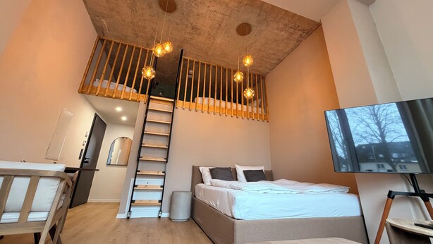 Een slaapkamer met een bed in loftstijl, een houten ladder, een televisie en een klein tafeltje.