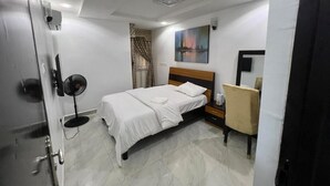 Habitación de hotel con cama, una silla, un escritorio, un ventilador y un cuadro en la pared.