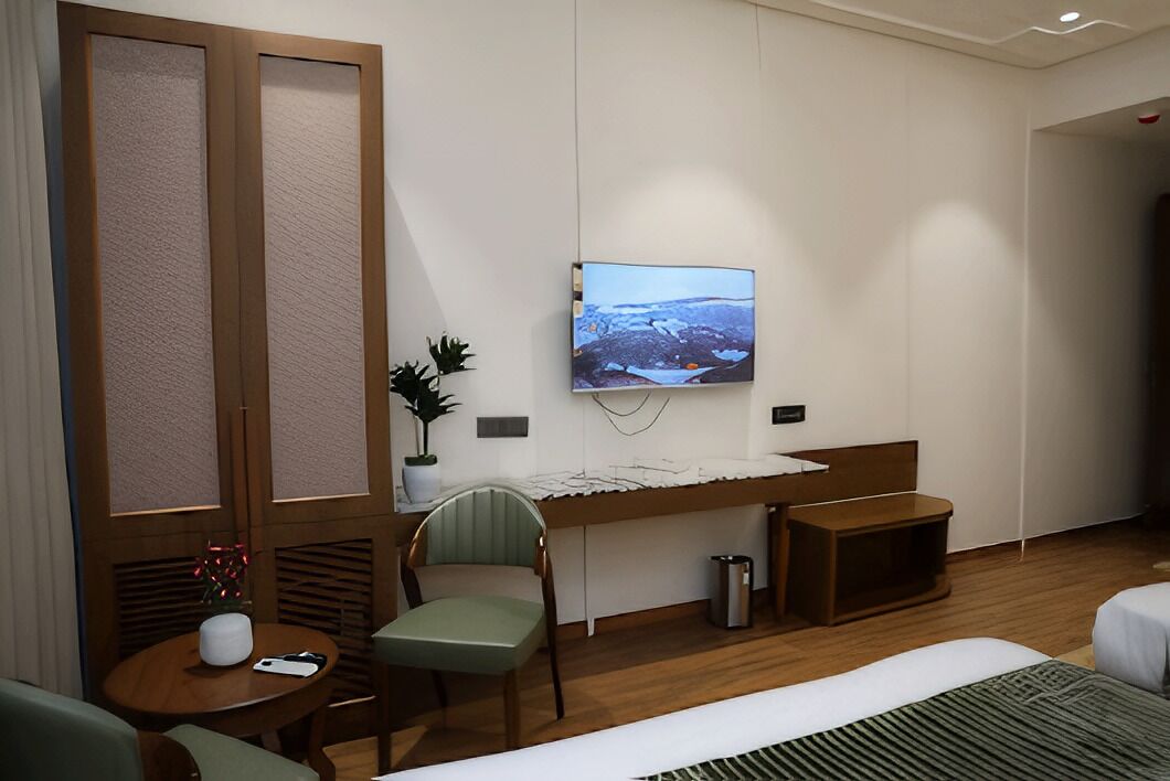 Quarto de hotel com uma cama, escrivaninha, cadeira, televisão e uma mesinha com uma planta.