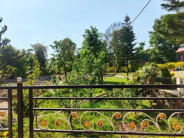 Un espace clos, délimité par une clôture en métal et agrémenté d’éléments décoratifs, et entouré d’une végétation luxuriante et d’arbres.