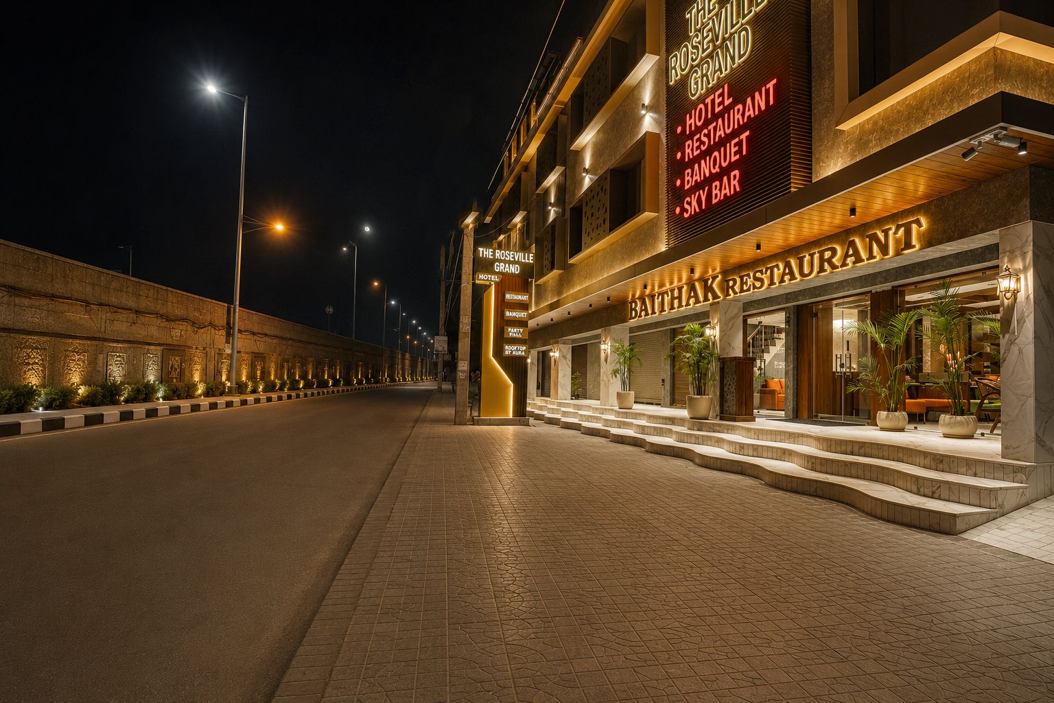 A hotel with a well-lit entrance, a visible restaurant, and a clear pathway leading to the entrance.