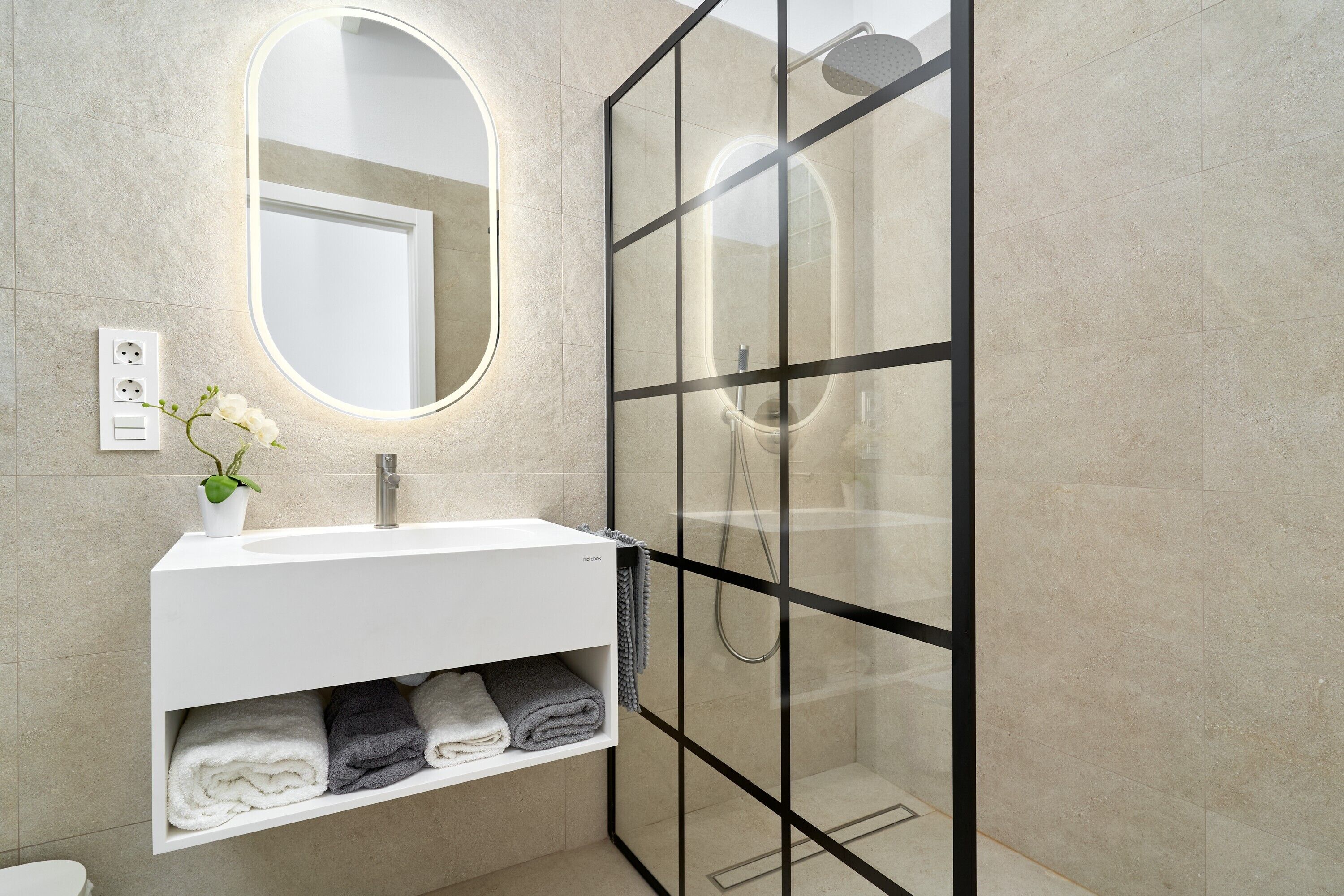Shower, hair dryer, towels